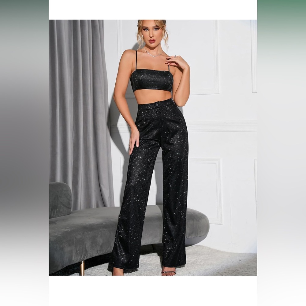 Black top and matching pants, Wide Leg Pants High-Waisted Shimmery